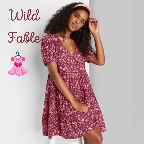 wild fable Dresses & Skirts - WILD FABLE Red Floral Tiered Babydoll Dress